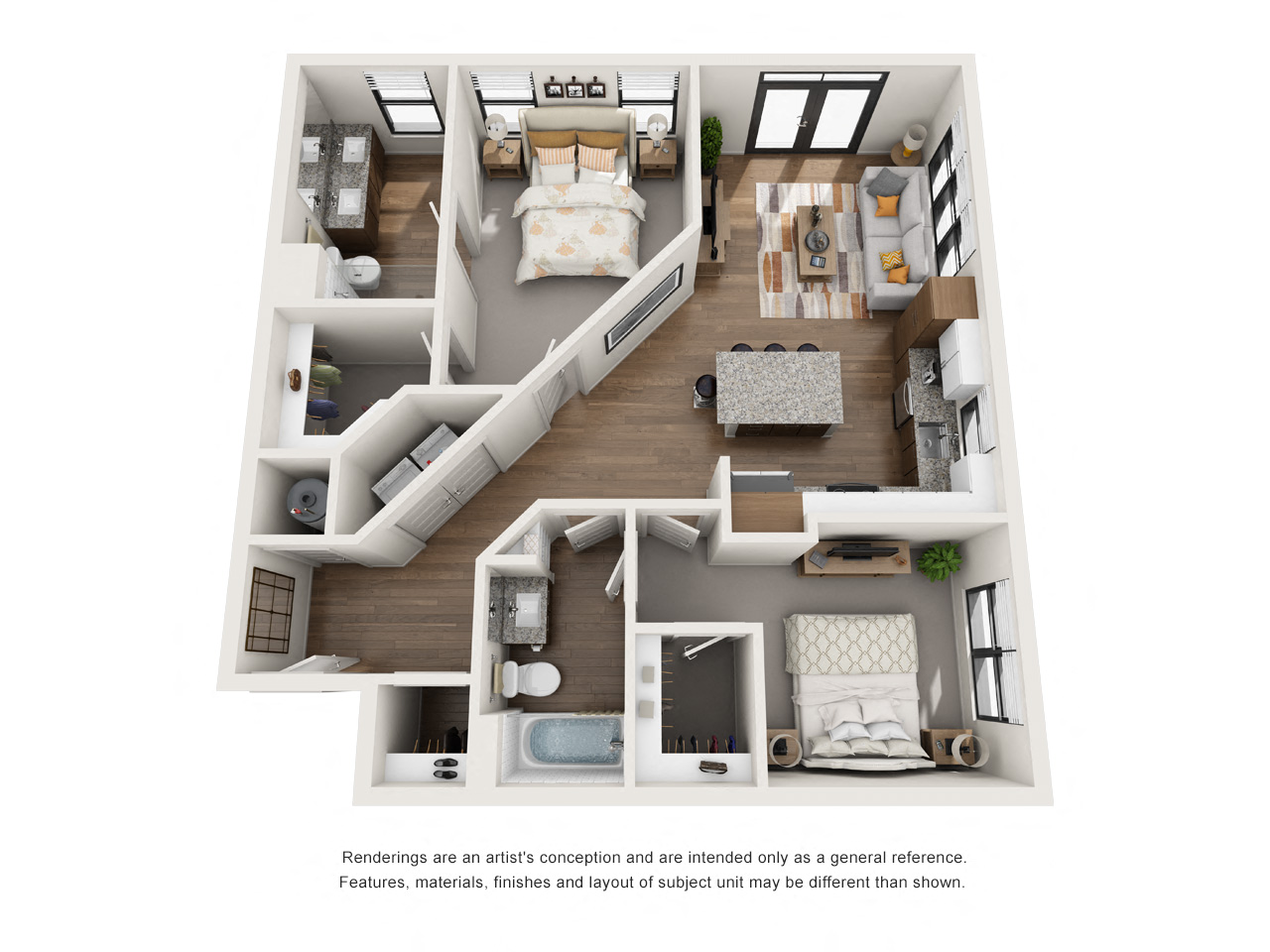 Floor plan for 2 beds, 2 baths, 1038 sqft